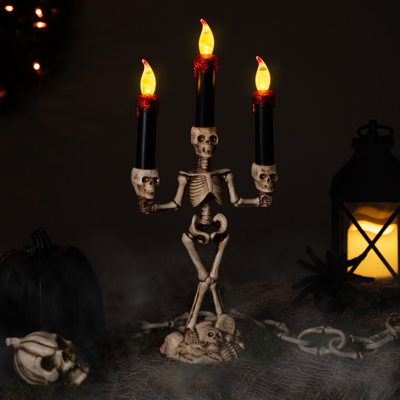 Northlight Dripping Flameless Candles Skeleton Halloween Candelabra - 14.5" - Amber Lights